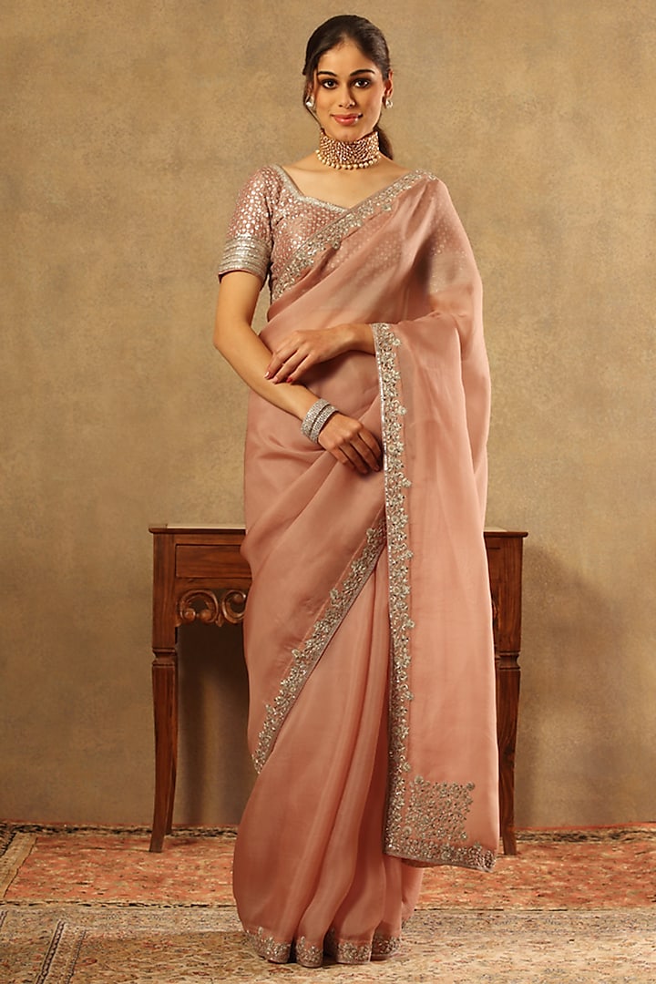 Dusty Pastel Pink Pure Silk Organza Hand Embroidered Saree Set by Trisvaraa