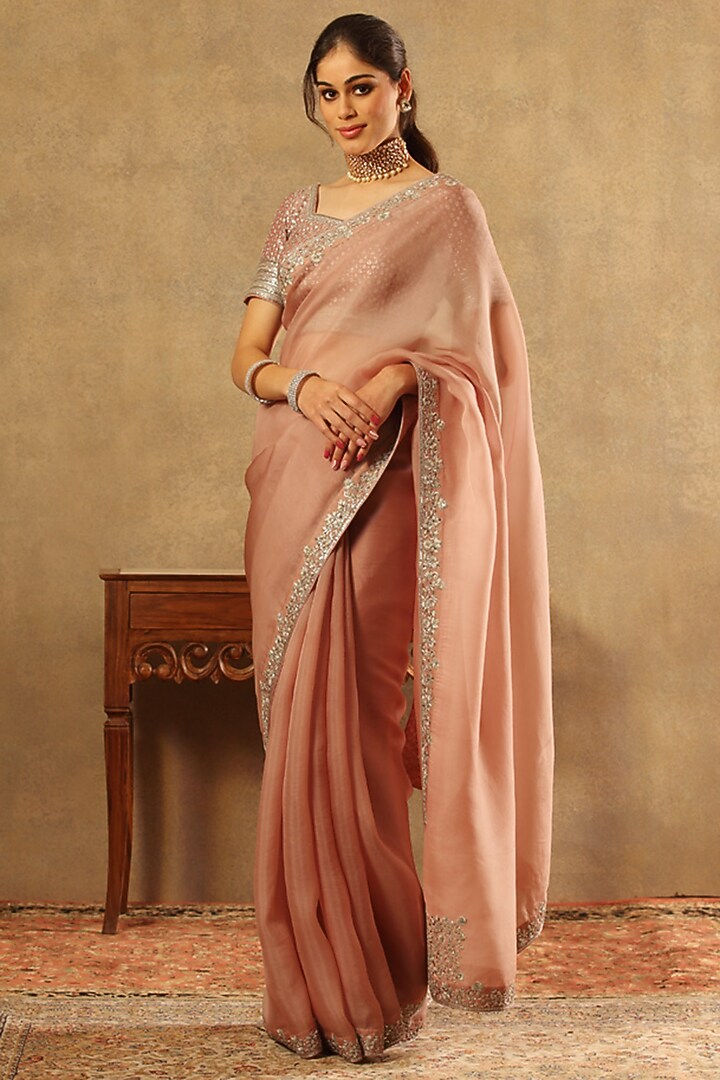 Dusty Pastel Pink Pure Silk Organza Hand Embroidered Reception Saree Set by Trisvaraa at Pernia's Pop Up Shop