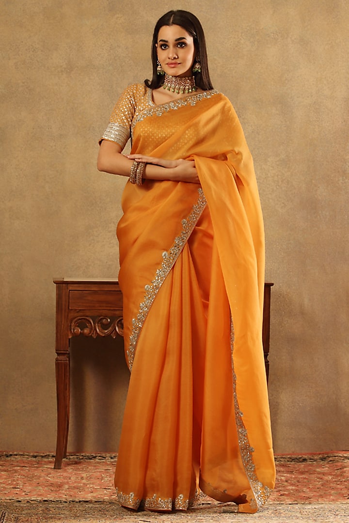 Apricot Yellow Pure Silk Organza Hand Embroidered Saree Set by Trisvaraa