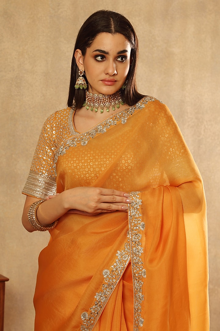 Apricot Yellow Pure Silk Organza Hand Embroidered Reception Saree Set by Trisvaraa at Pernia's Pop Up Shop