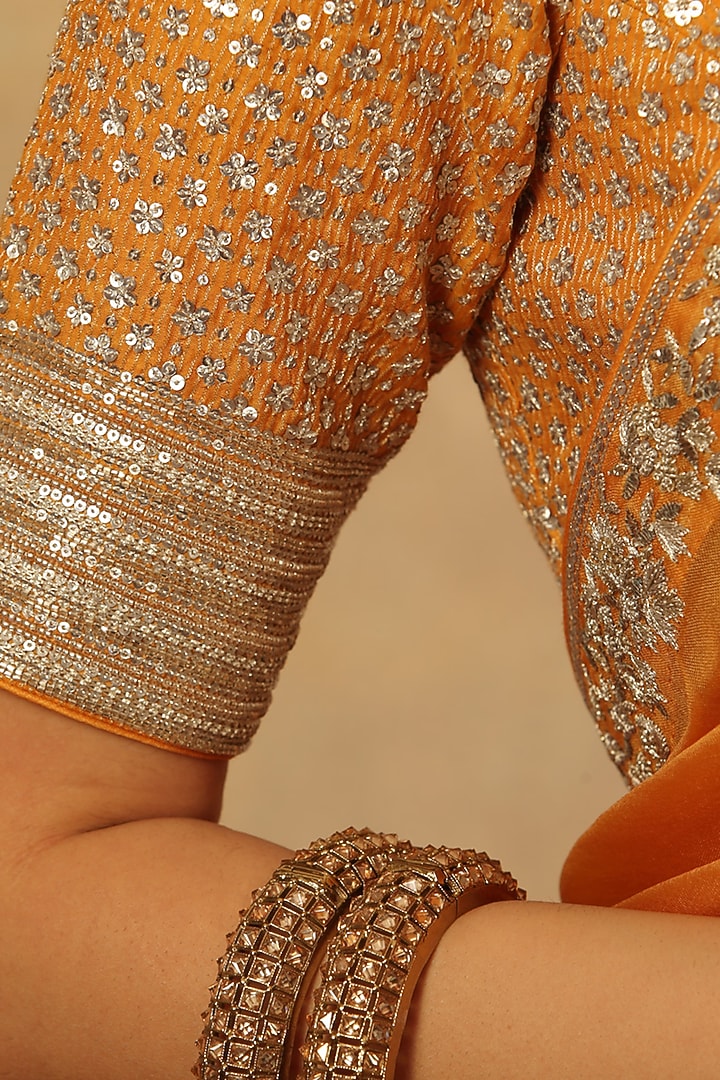 Apricot Yellow Pure Silk Organza Hand Embroidered Reception Saree Set by Trisvaraa at Pernia's Pop Up Shop