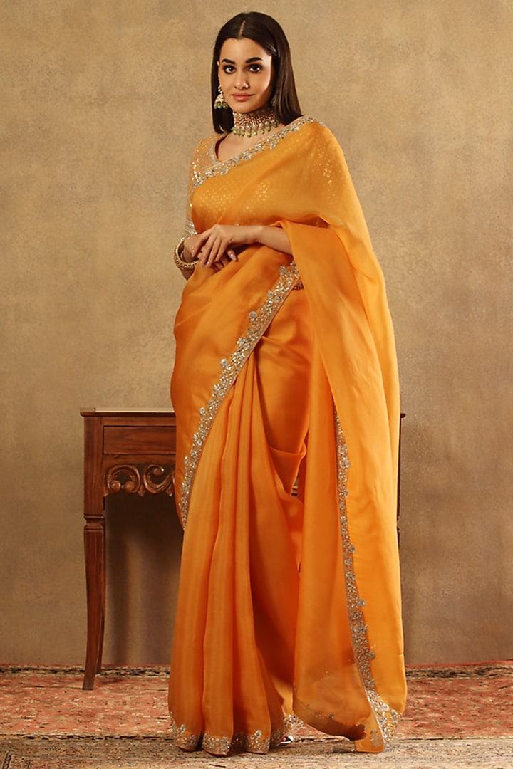Apricot Yellow Pure Silk Organza Hand Embroidered Reception Saree Set by Trisvaraa at Pernia's Pop Up Shop