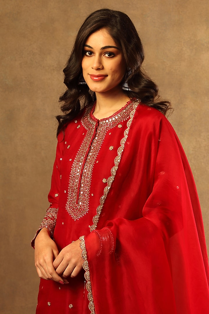 Tango Red Pure Silk Organza Embroidered Bridal Sharara Set by Trisvaraa at Pernia's Pop Up Shop