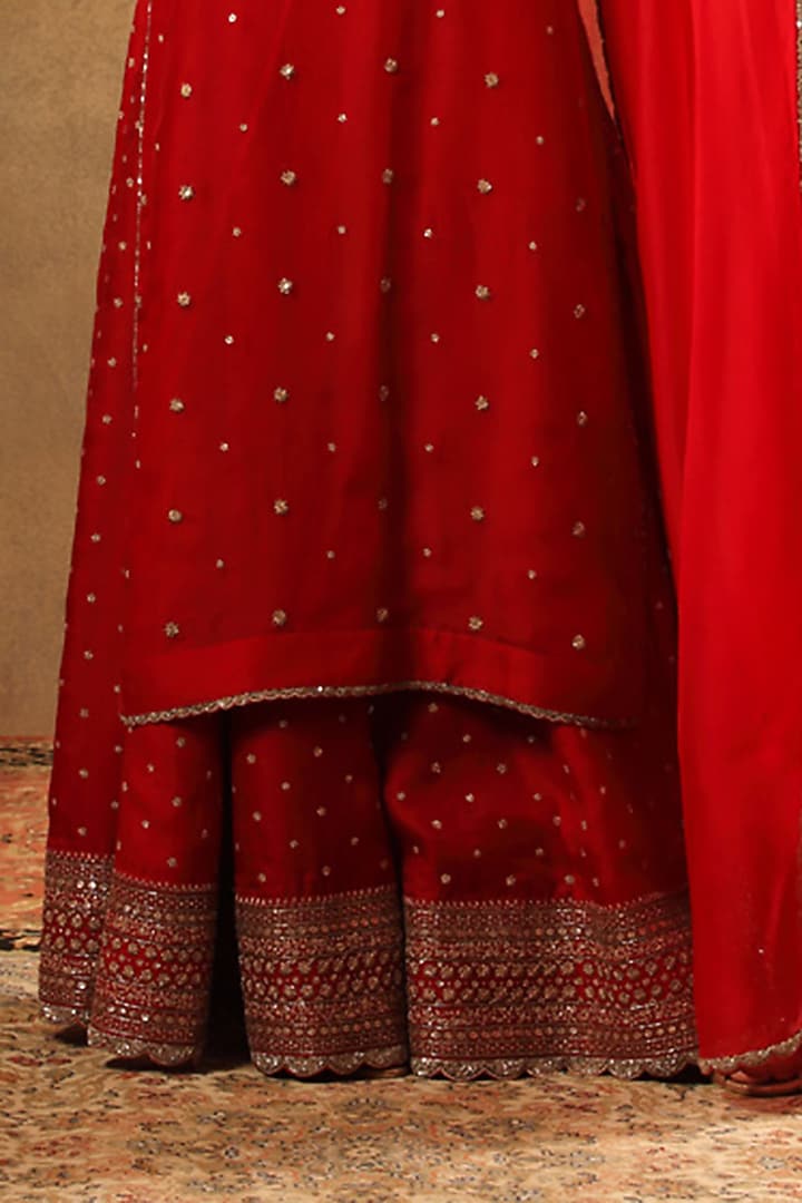 Tango Red Pure Silk Organza Embroidered Bridal Sharara Set by Trisvaraa at Pernia's Pop Up Shop