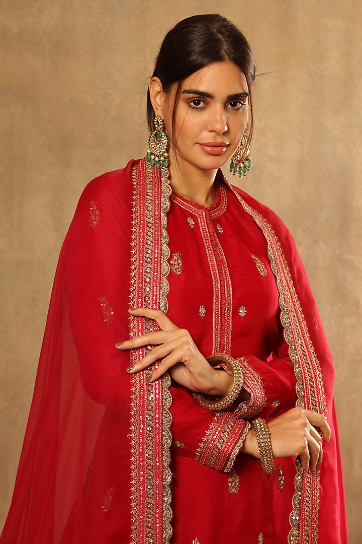 Carmine Pink Pure Silk Organza Embroidered Bridal Sharara Set by Trisvaraa at Pernia's Pop Up Shop