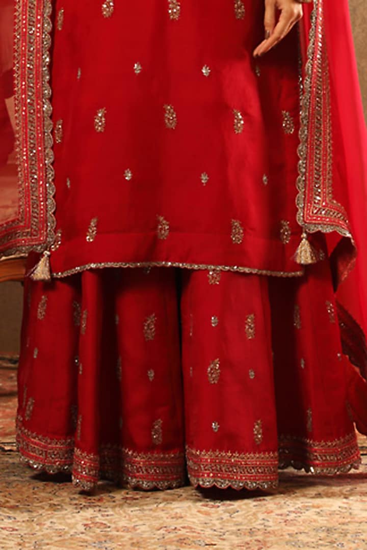Carmine Pink Pure Silk Organza Embroidered Bridal Sharara Set by Trisvaraa at Pernia's Pop Up Shop