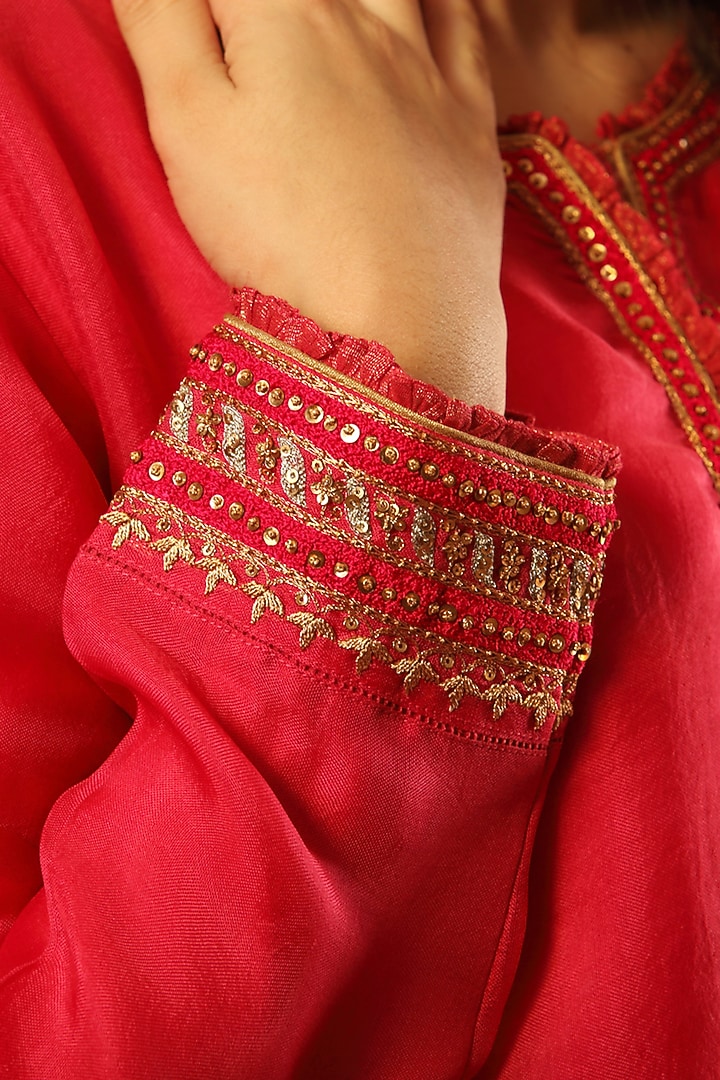 Fuschia Pink Pure Silk Organza Hand Embroidered Kurta Set by Trisvaraa at Pernia's Pop Up Shop