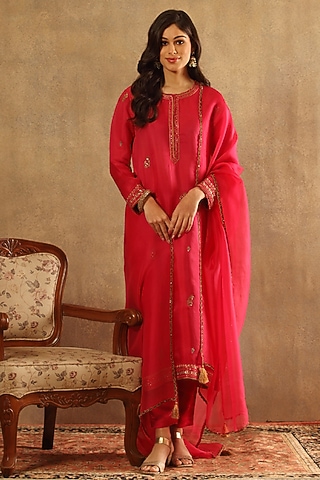Fuschia Pink Pure Silk Organza Hand Embroidered Kurta Set by Trisvaraa