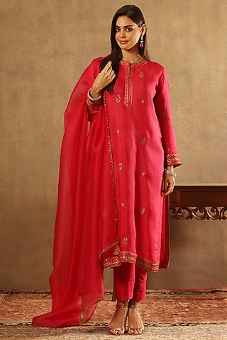 Fuschia Pink Pure Silk Organza Hand Embroidered Kurta Set by Trisvaraa
