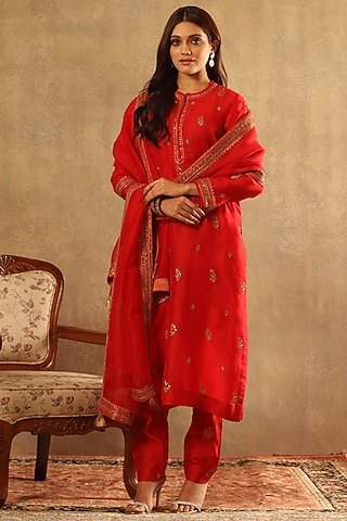 Vermillion Red Pure Silk Organza Hand Embroidered Kurta Set by Trisvaraa
