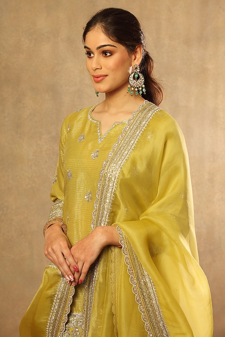 Lime Green Pure Silk Organza Embroidered Bridal Sharara Set by Trisvaraa at Pernia's Pop Up Shop