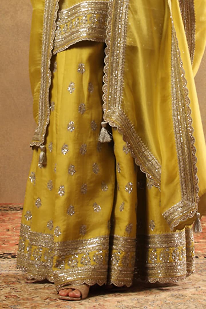 Lime Green Pure Silk Organza Embroidered Bridal Sharara Set by Trisvaraa at Pernia's Pop Up Shop