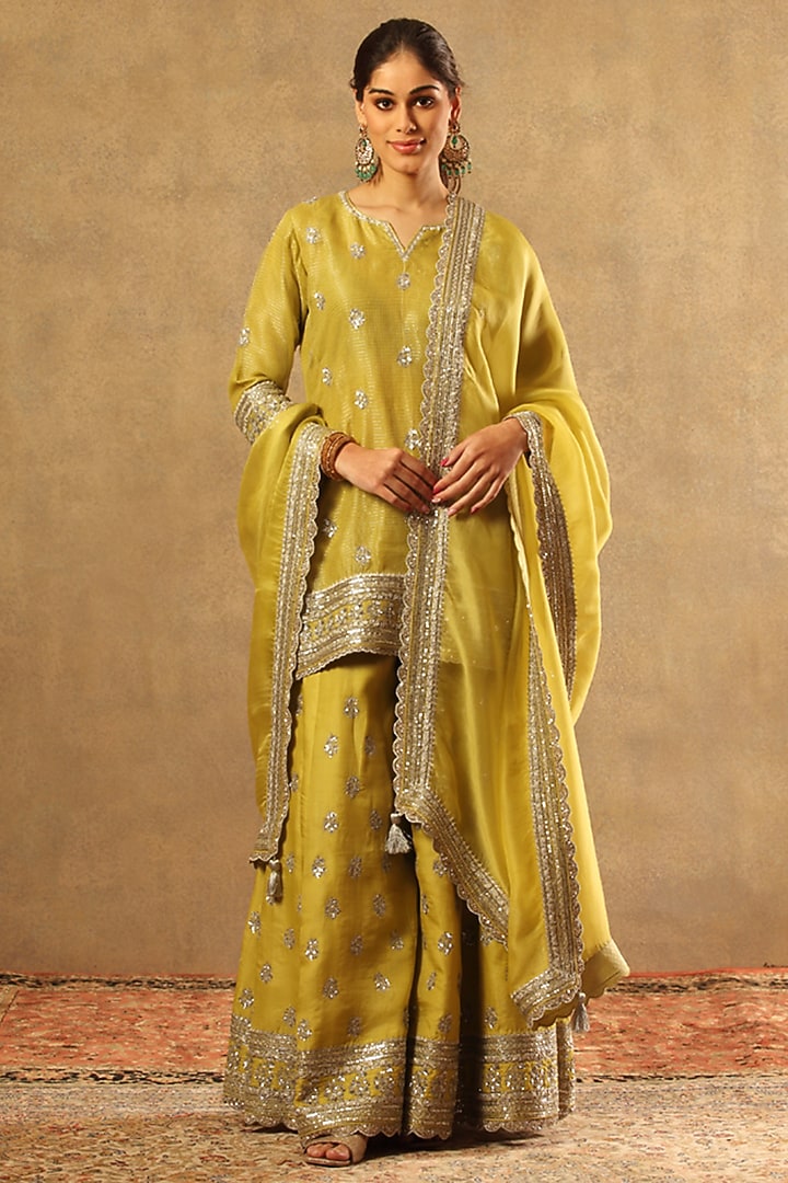Lime Green Pure Silk Organza Embroidered Bridal Sharara Set by Trisvaraa at Pernia's Pop Up Shop