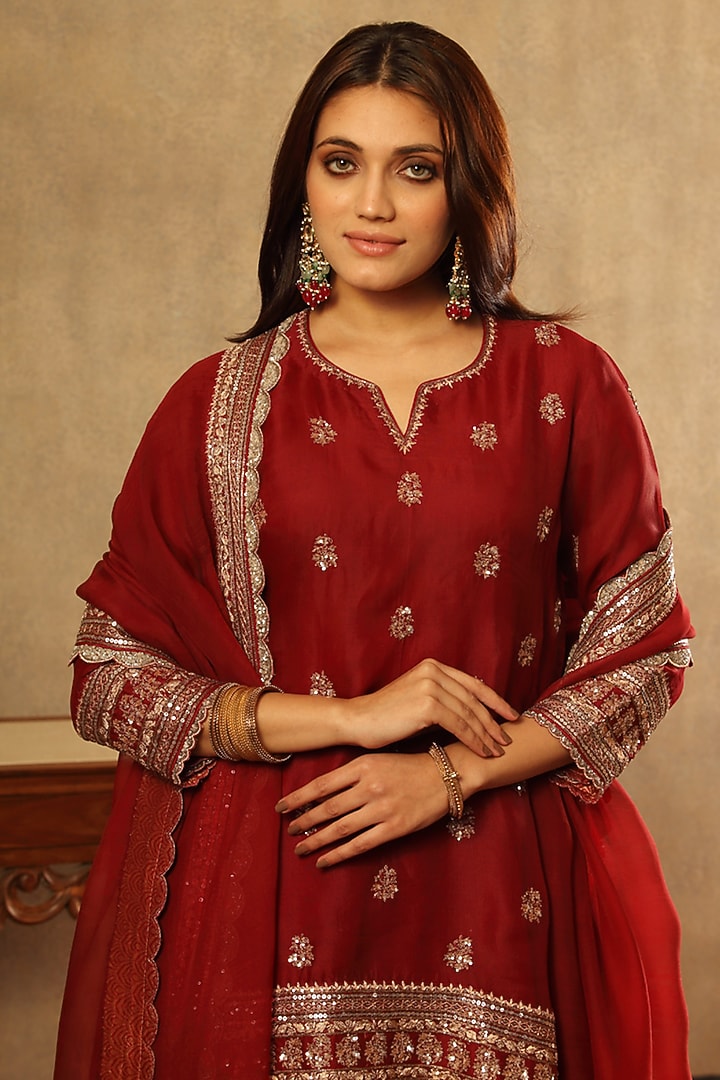 Ruby Wine Pure Silk Organza Embroidered Bridal Sharara Set by Trisvaraa at Pernia's Pop Up Shop