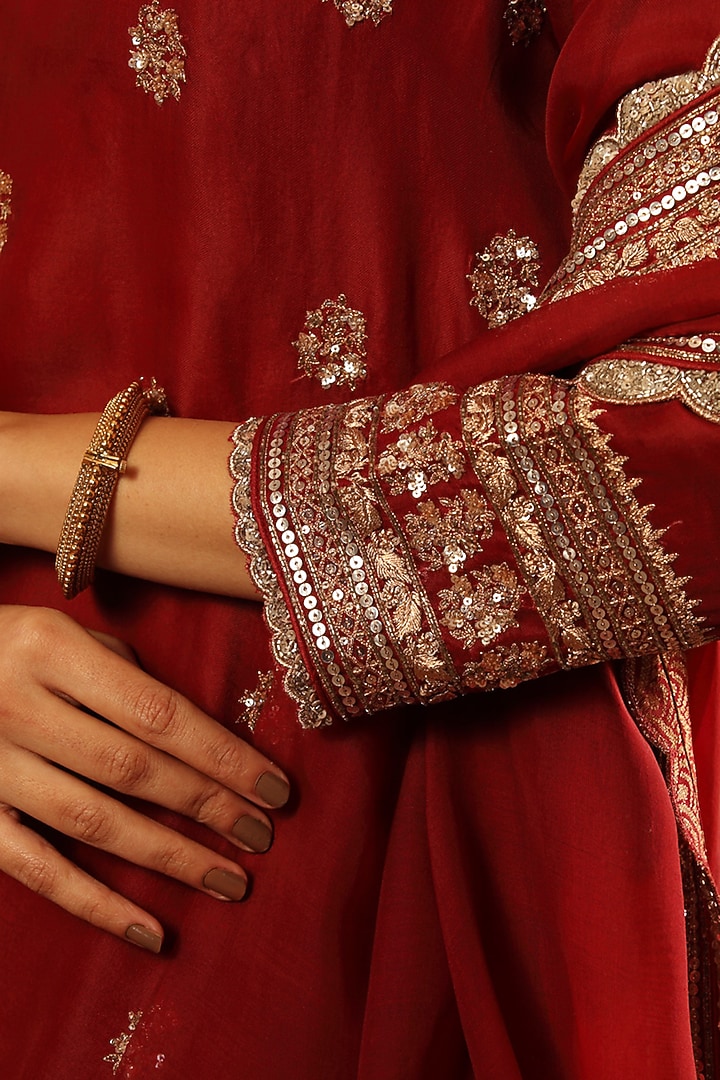 Ruby Wine Pure Silk Organza Embroidered Bridal Sharara Set by Trisvaraa at Pernia's Pop Up Shop
