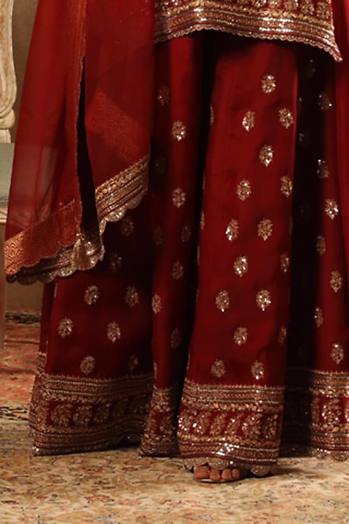 Ruby Wine Pure Silk Organza Embroidered Bridal Sharara Set by Trisvaraa at Pernia's Pop Up Shop
