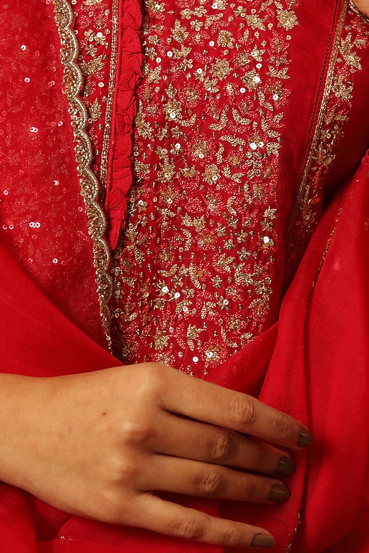 Fuchsia Pink Handwoven Katan Silk Embroidered Kurta Set by Trisvaraa at Pernia's Pop Up Shop