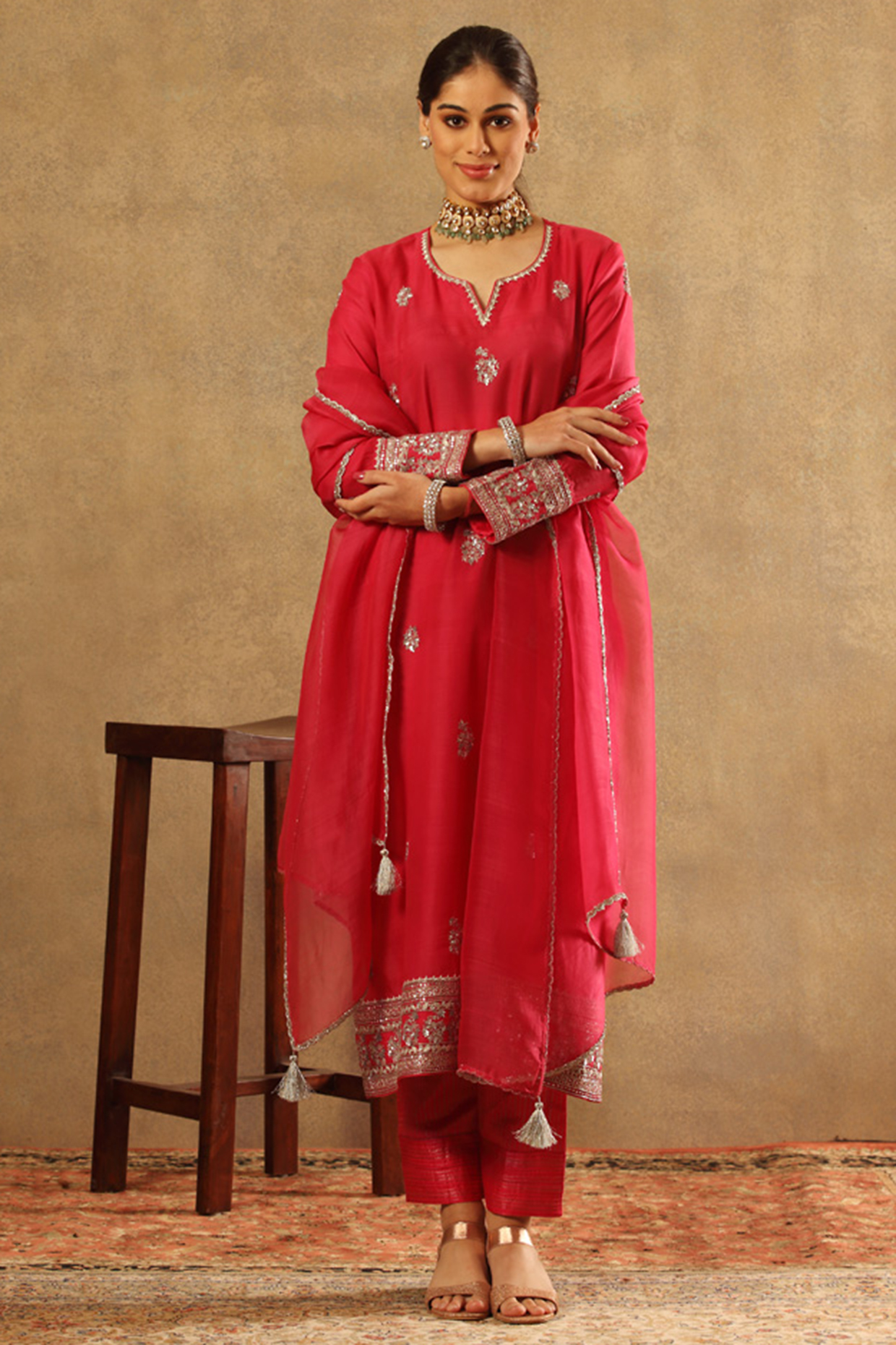 Fuschia Handwoven Handwoven Katan Silk Hand Embroidered Kurta Set by Trisvaraa