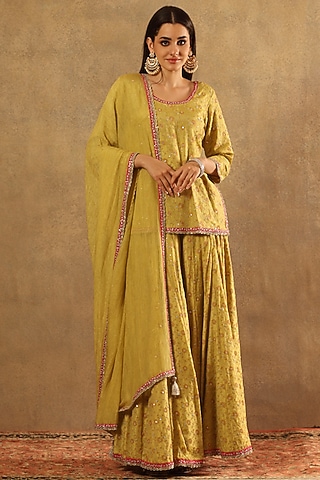 Lemon Green Handwoven Pure Silk Georgette Embroidered Lehenga Set by Trisvaraa