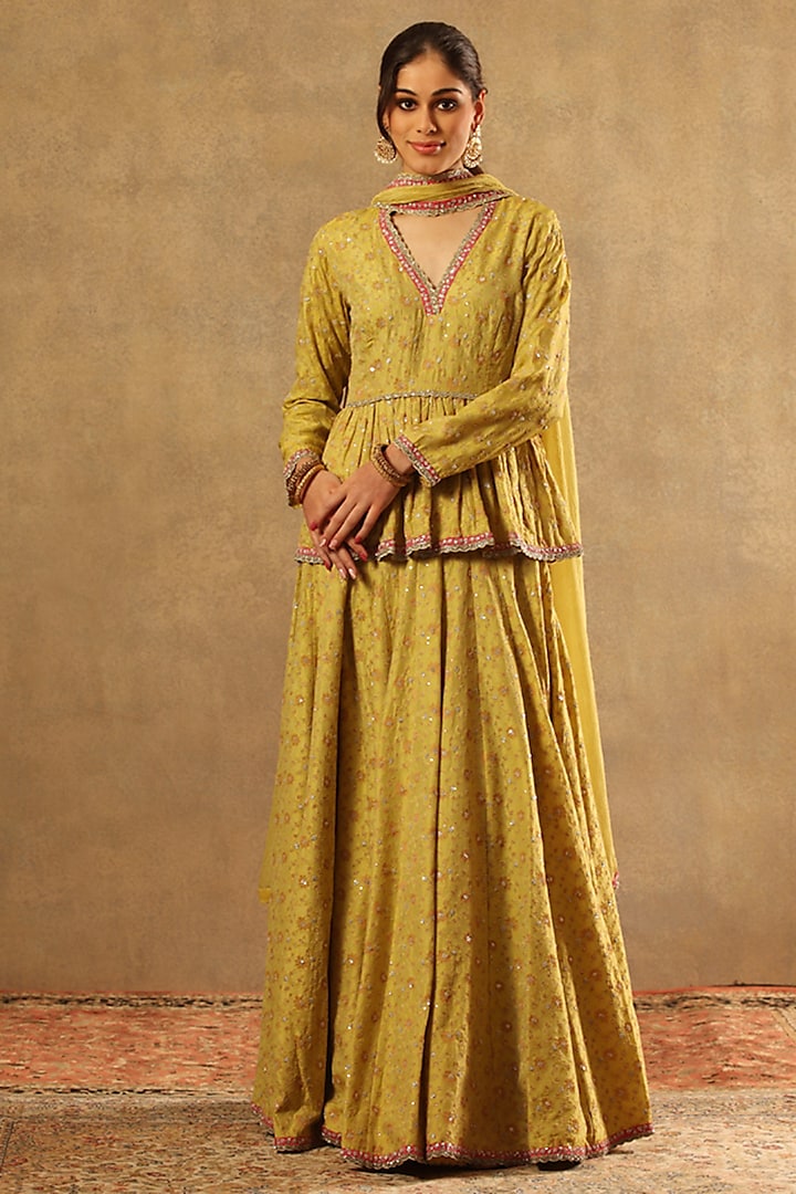 Lemon Green Handwoven Pure Silk Georgette Embroidered Sharara Set by Trisvaraa