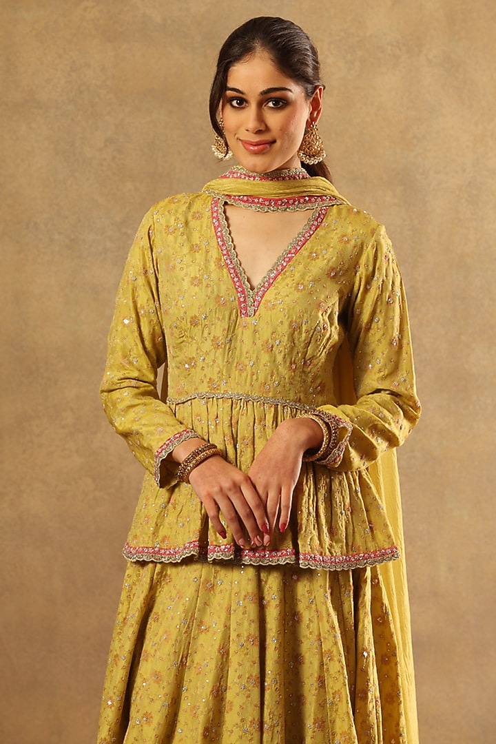 Lemon Green Handwoven Pure Silk Georgette Embroidered Bridal Sharara Set by Trisvaraa at Pernia's Pop Up Shop