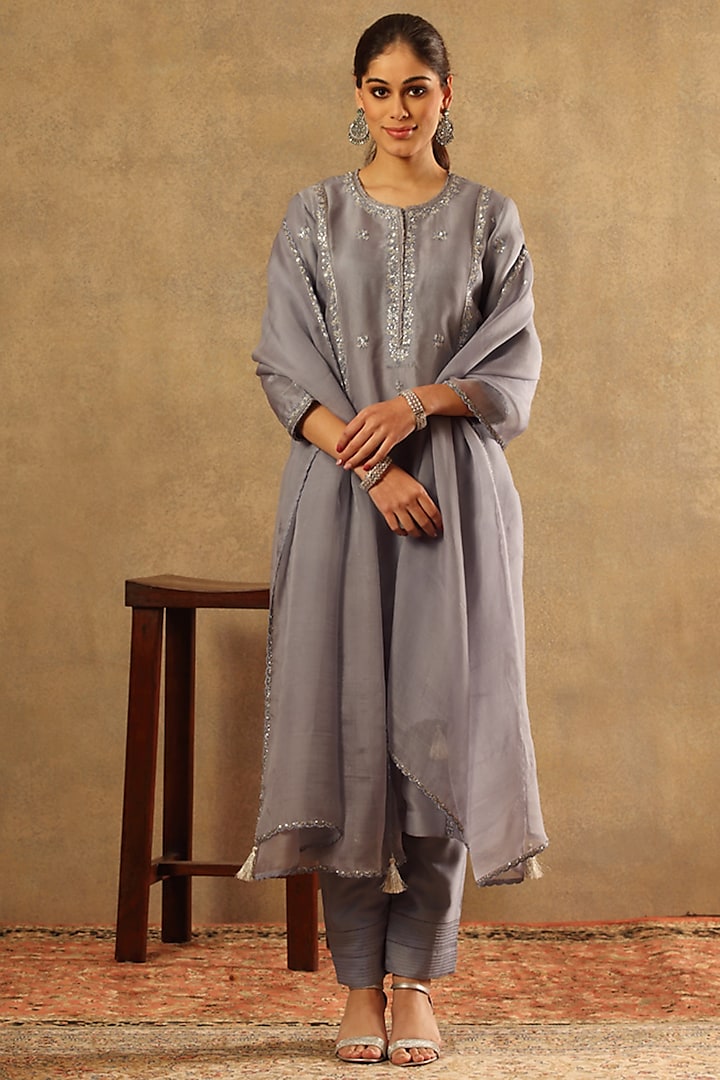 Grey Blue Handwoven Pure Silk Organza Embroidered Kurta Set by Trisvaraa