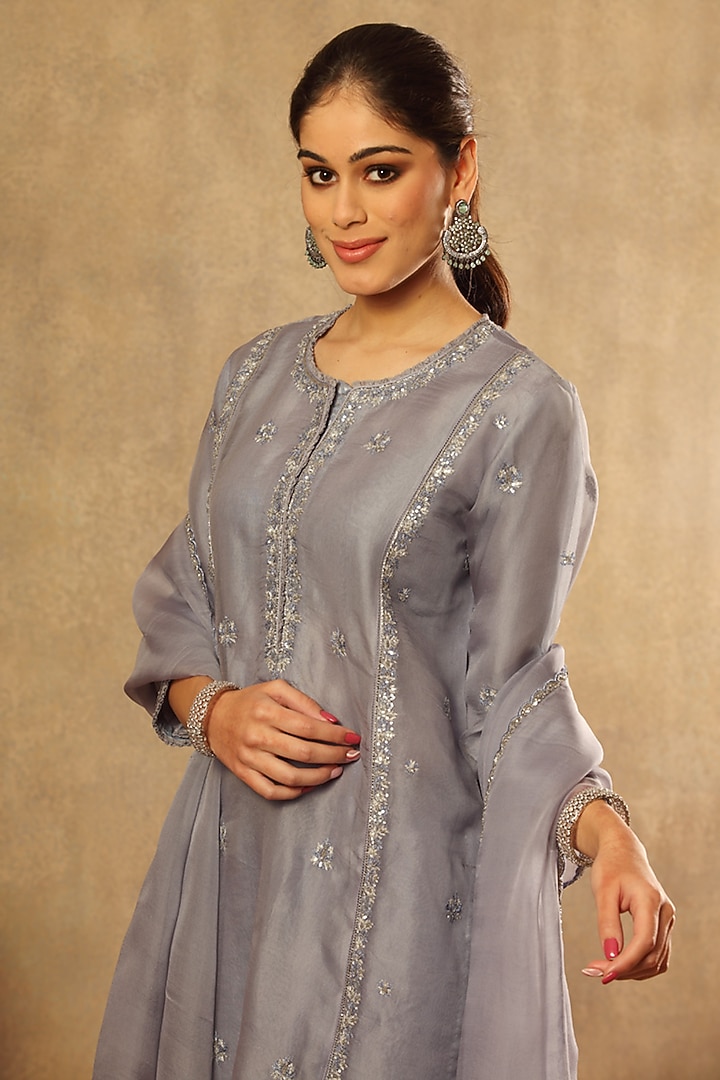 Grey Blue Handwoven Pure Silk Organza Embroidered Kurta Set by Trisvaraa at Pernia's Pop Up Shop
