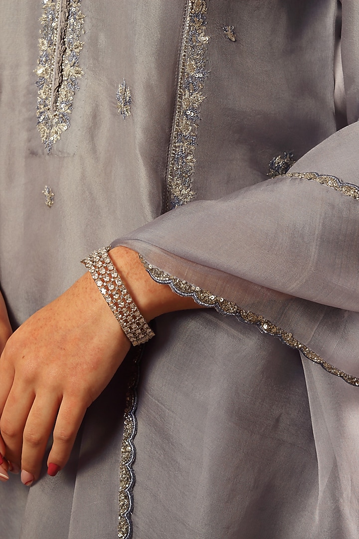 Grey Blue Handwoven Pure Silk Organza Embroidered Kurta Set by Trisvaraa at Pernia's Pop Up Shop