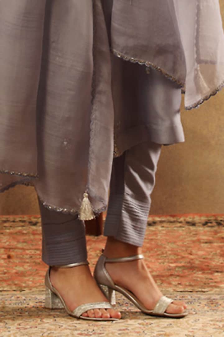 Grey Blue Handwoven Pure Silk Organza Embroidered Kurta Set by Trisvaraa at Pernia's Pop Up Shop