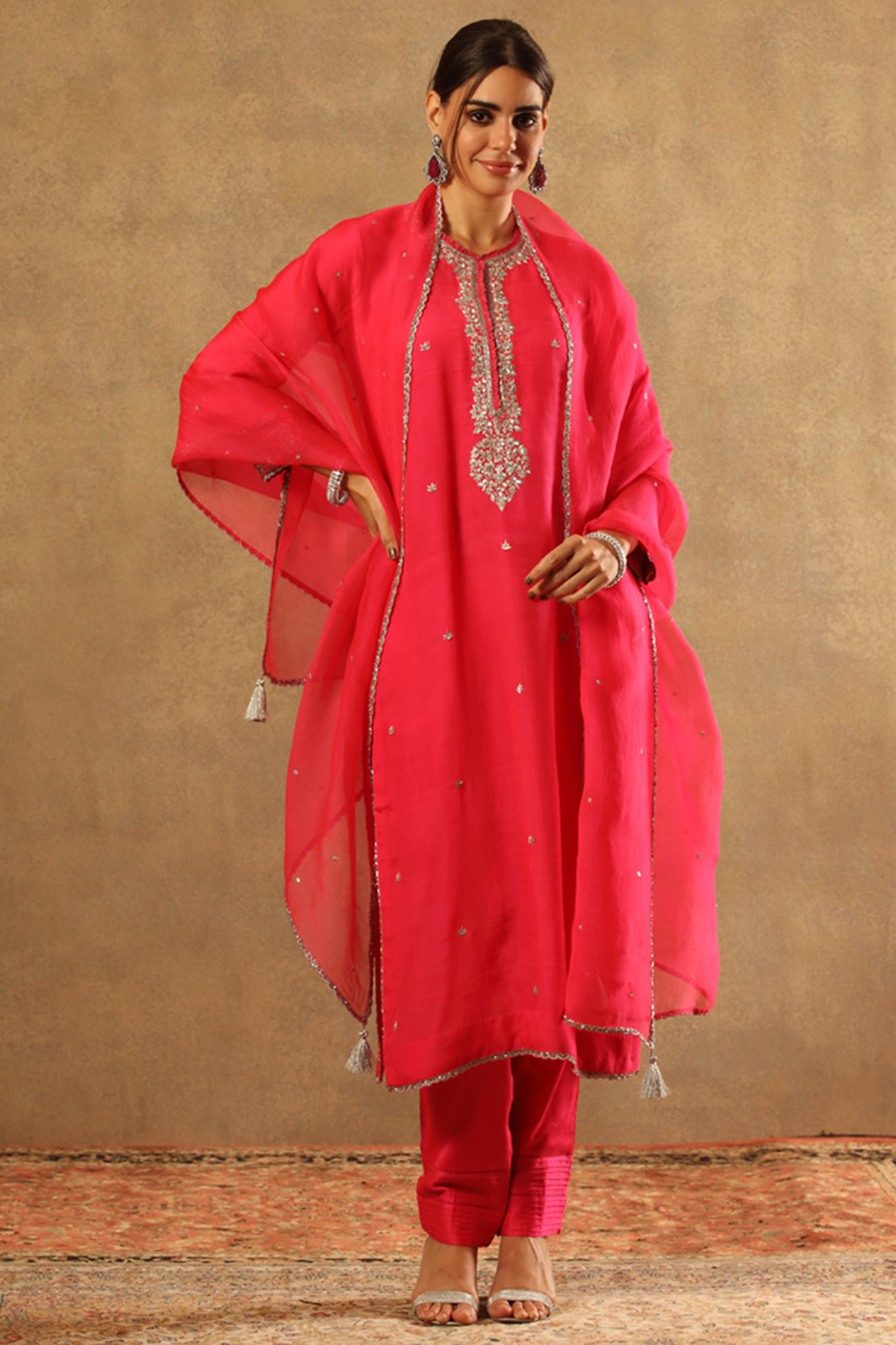 Neon Candy Pink Handwoven Pure Katan Silk Embroidered Kurta Set by Trisvaraa at Pernia's Pop Up Shop