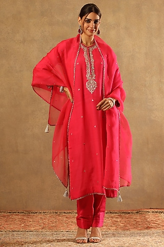Neon Candy Pink Handwoven Pure Katan Silk Embroidered Kurta Set by Trisvaraa