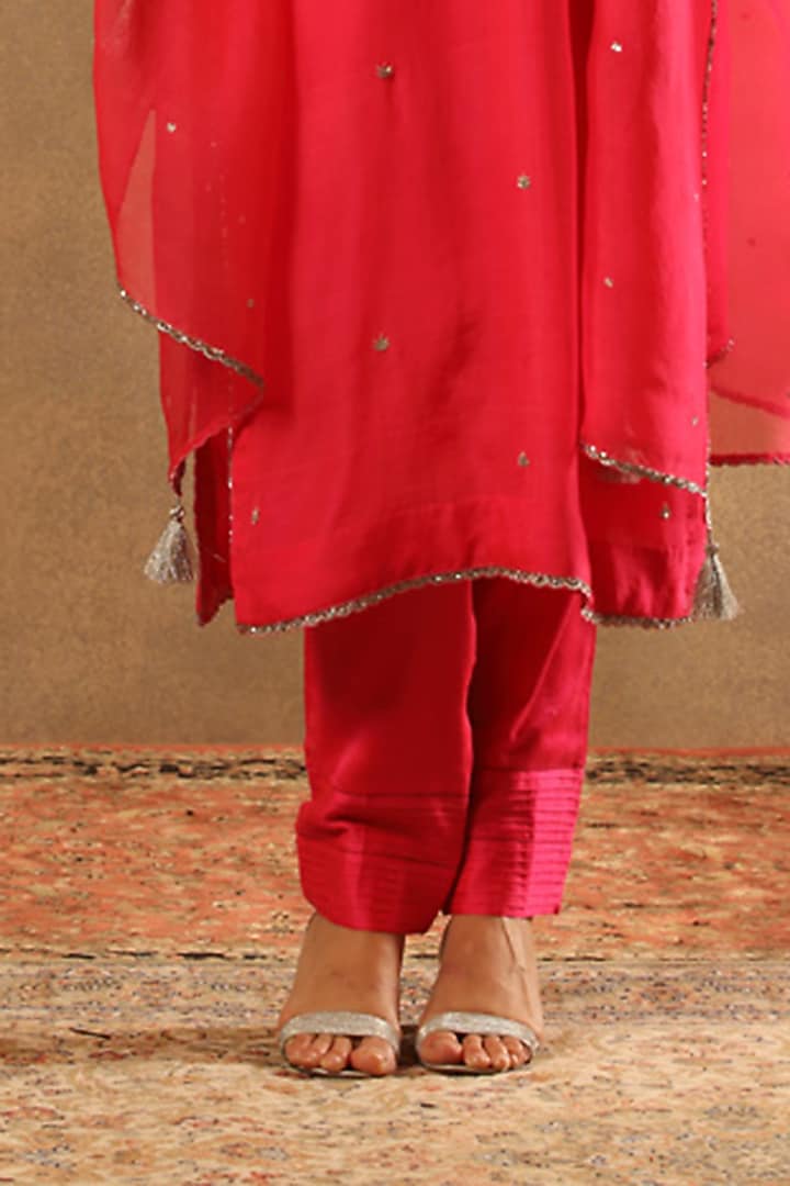 Neon Candy Pink Handwoven Pure Katan Silk Embroidered Kurta Set by Trisvaraa at Pernia's Pop Up Shop
