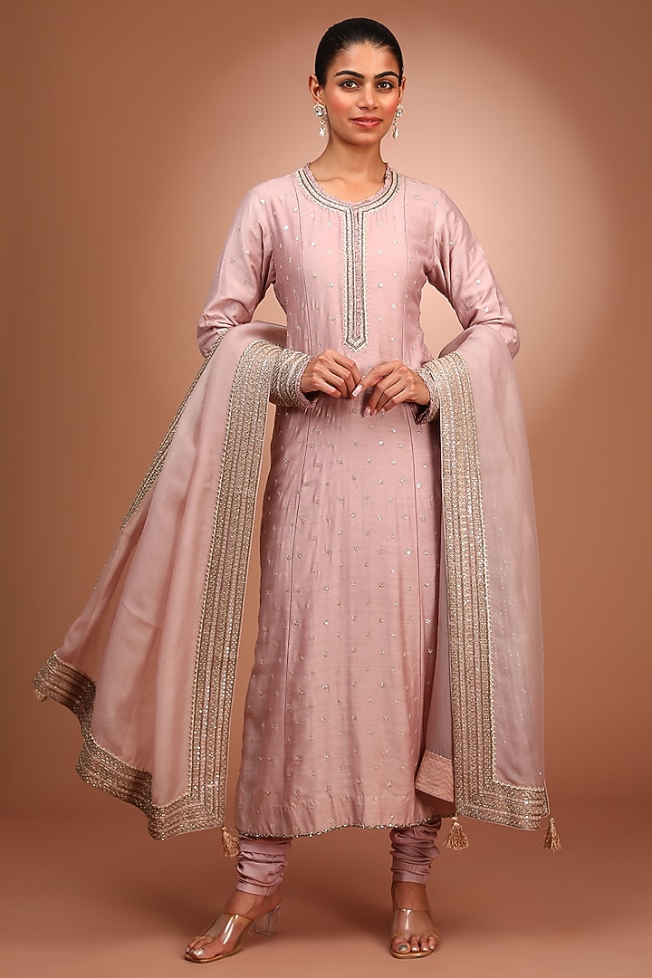 Lilac Pure Muga Silk Sequins Embroidered Kurta Set by Trisvaraa at Pernia's Pop Up Shop