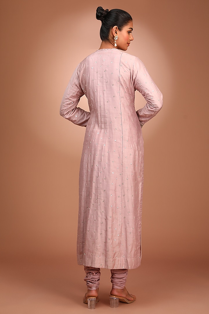 Lilac Pure Muga Silk Sequins Embroidered Kurta Set by Trisvaraa at Pernia's Pop Up Shop