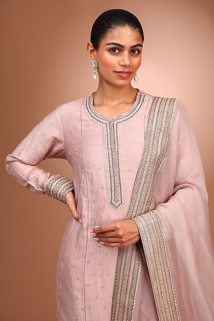 Lilac Pure Muga Silk Sequins Embroidered Kurta Set by Trisvaraa at Pernia's Pop Up Shop