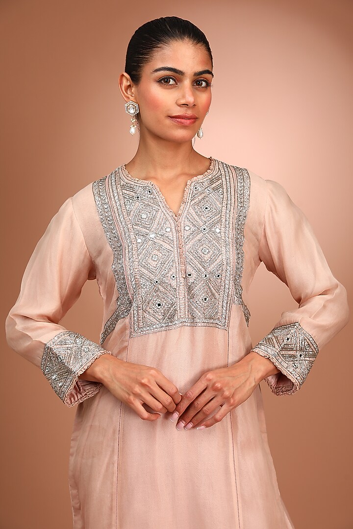 Pink Handwoven Katan Silk Cutdana Embroidered Kurta Set by Trisvaraa at Pernia's Pop Up Shop