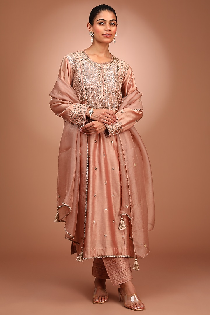 Pink Handwoven Pure Cotton Silk Sequins Hand Embroidered Kurta Set by Trisvaraa at Pernia's Pop Up Shop