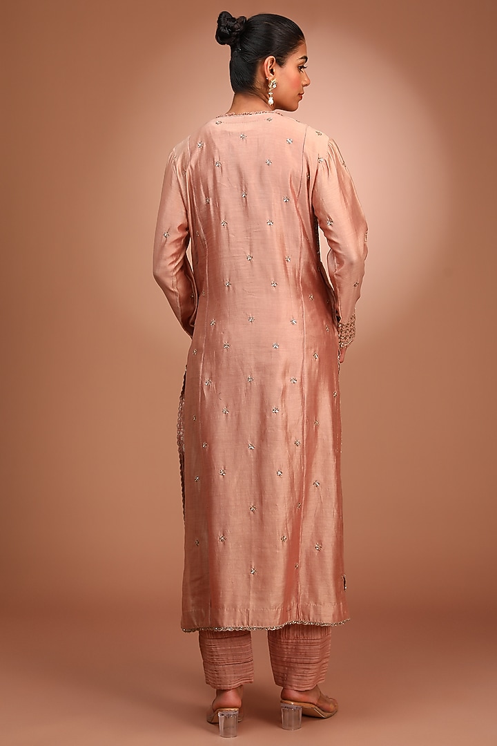 Pink Handwoven Pure Cotton Silk Sequins Hand Embroidered Kurta Set by Trisvaraa at Pernia's Pop Up Shop