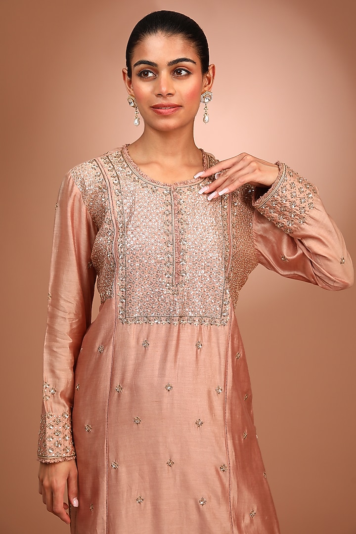 Pink Handwoven Pure Cotton Silk Sequins Hand Embroidered Kurta Set by Trisvaraa at Pernia's Pop Up Shop
