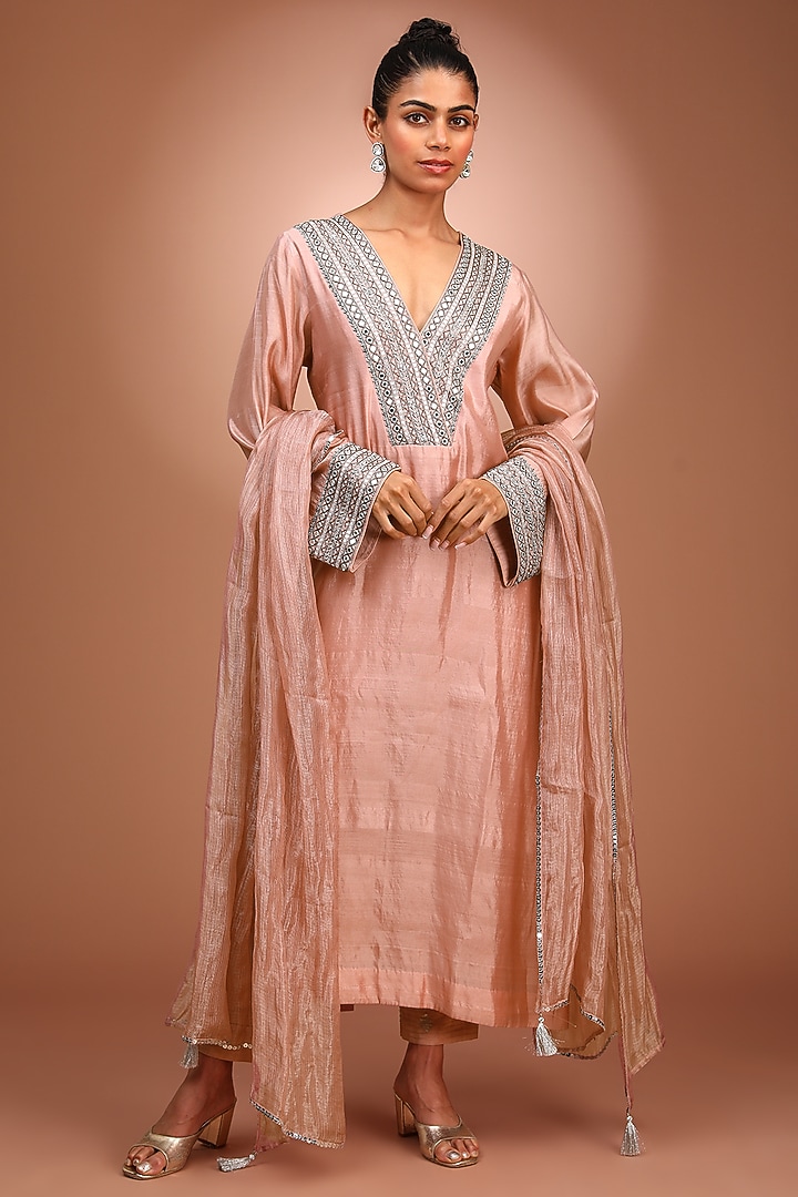 Pink Handwoven Pure Silk Zardosi Hand Embroidered Kurta Set by Trisvaraa at Pernia's Pop Up Shop