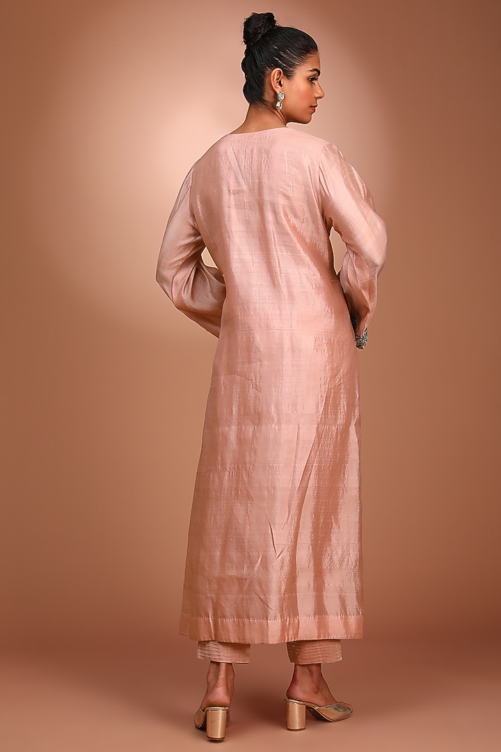 Pink Handwoven Pure Silk Zardosi Hand Embroidered Kurta Set by Trisvaraa at Pernia's Pop Up Shop