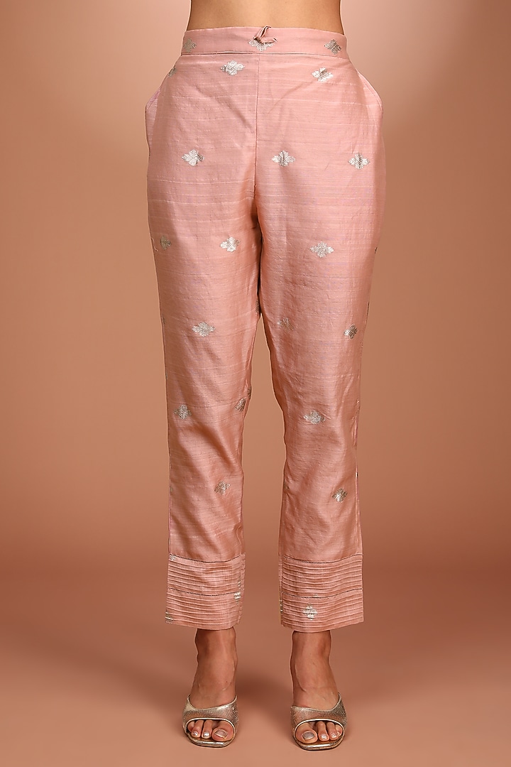 Pink Handwoven Pure Silk Zardosi Hand Embroidered Kurta Set by Trisvaraa at Pernia's Pop Up Shop