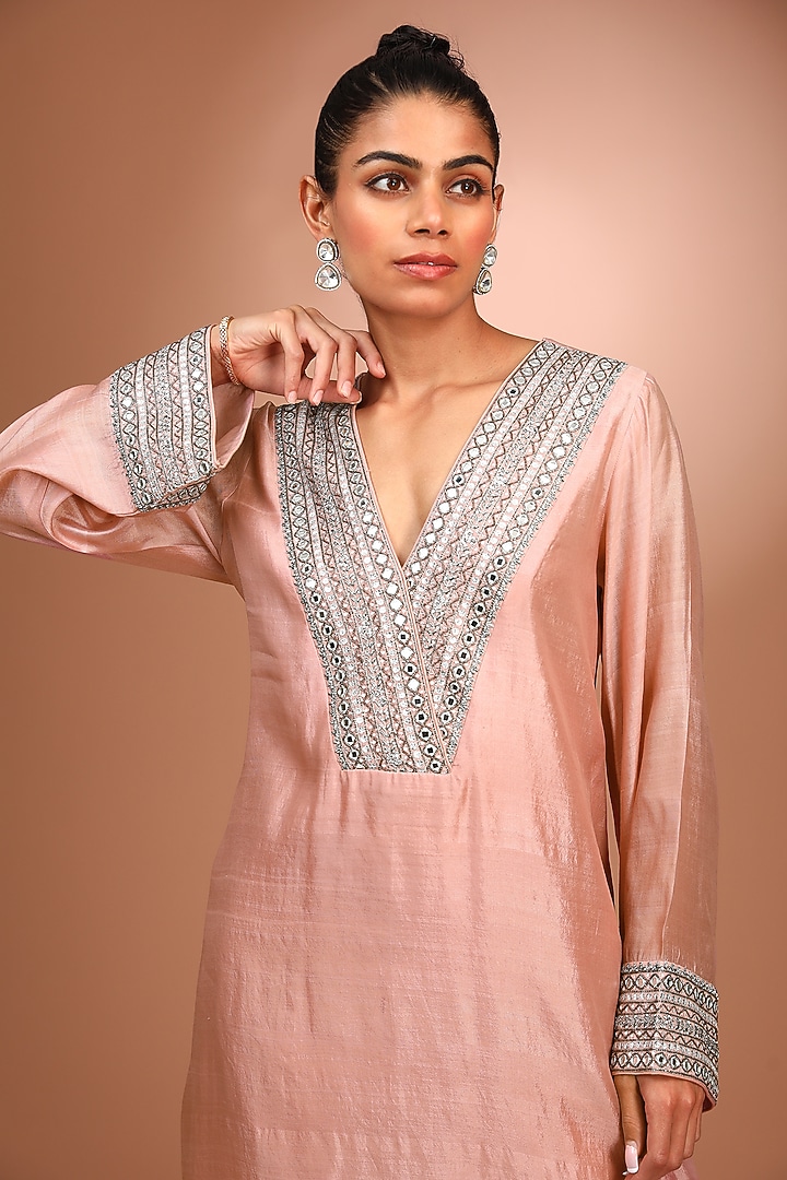 Pink Handwoven Pure Silk Zardosi Hand Embroidered Kurta Set by Trisvaraa at Pernia's Pop Up Shop