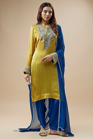 Mustard Satin Silk Sequins Hand Embroidered Kurta Set by Trisvaraa