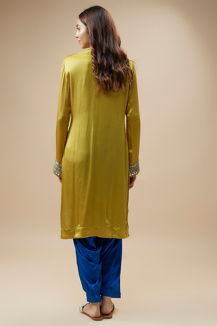 Mustard Satin Silk Sequins Hand Embroidered Kurta Set by Trisvaraa at Pernia's Pop Up Shop