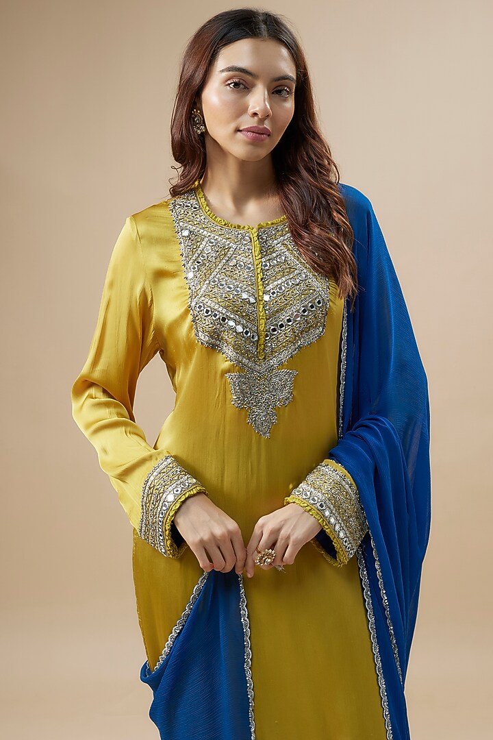 Mustard Satin Silk Sequins Hand Embroidered Kurta Set by Trisvaraa at Pernia's Pop Up Shop