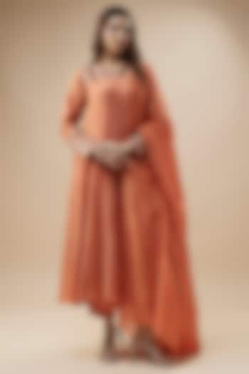 Dusty Peach Pure Cotton Silk Mukaish Hand Embroidered Anarkali Set by Trisvaraa at Pernia's Pop Up Shop