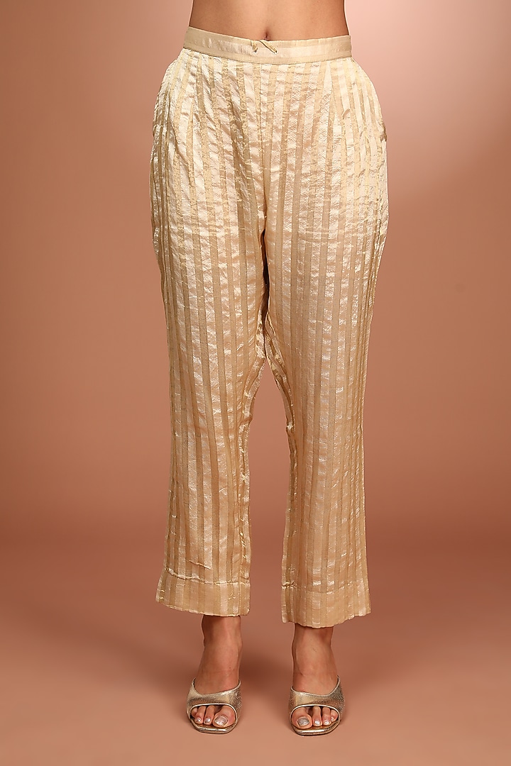 Ivory Handloom Pure Silk Dabka Hand Embroidered Kurta Set by Trisvaraa at Pernia's Pop Up Shop