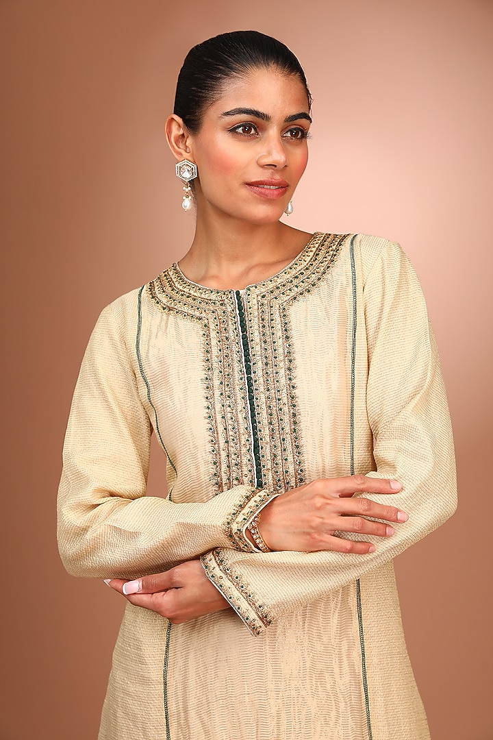 Ivory Handloom Pure Silk Dabka Hand Embroidered Kurta Set by Trisvaraa at Pernia's Pop Up Shop