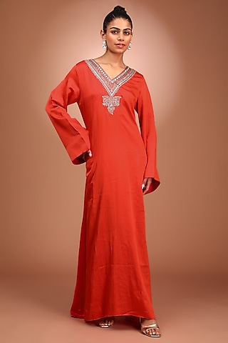 Orange Handloom Pure Mashru Katan Silk Hand Embroidered Maxi Dress by Trisvaraa